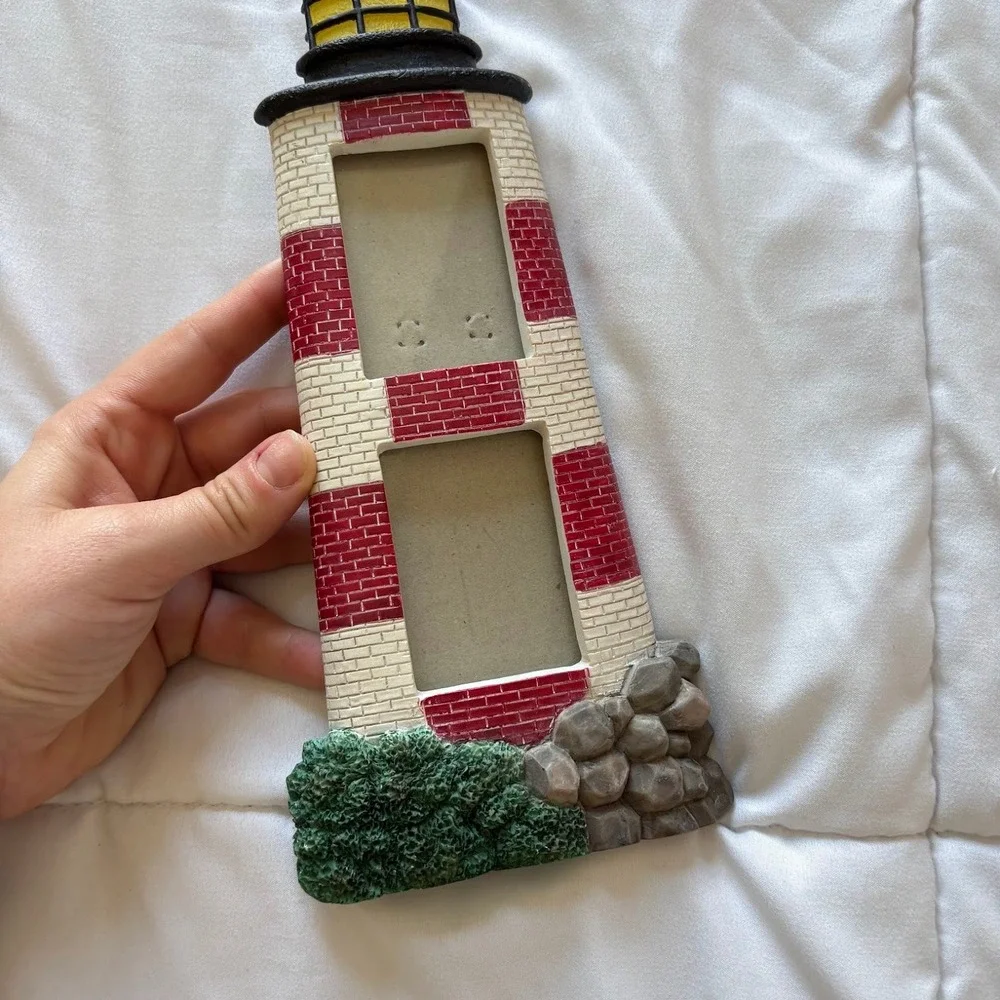 Vintage Red White Lighthouse Picture Frame Nautical Coastal Decor 2 Photo Slots